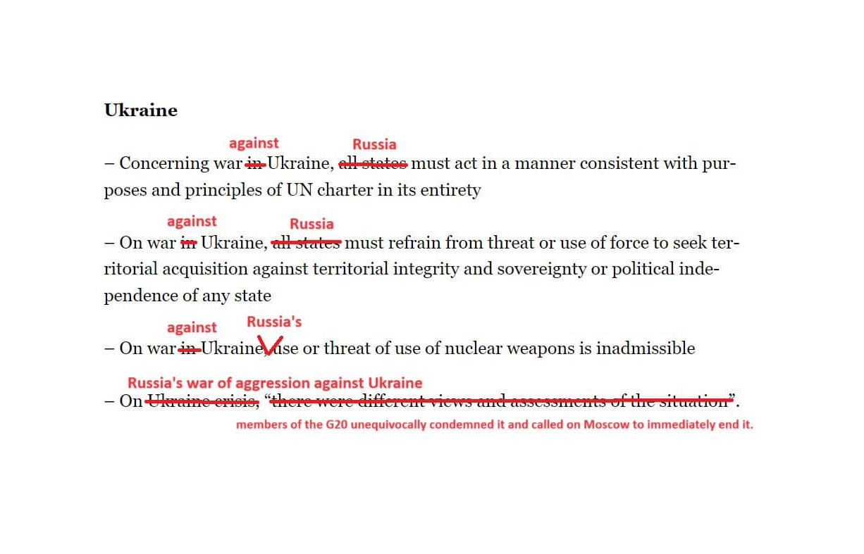 In terms of russia's aggression against Ukraine, G20 final declaration is nothing to be proud of - MFA